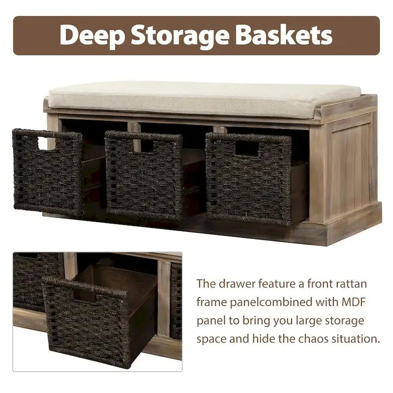 Rustic Entryway Storage Bench with 3 Removable Baskets & Cushioned Seat