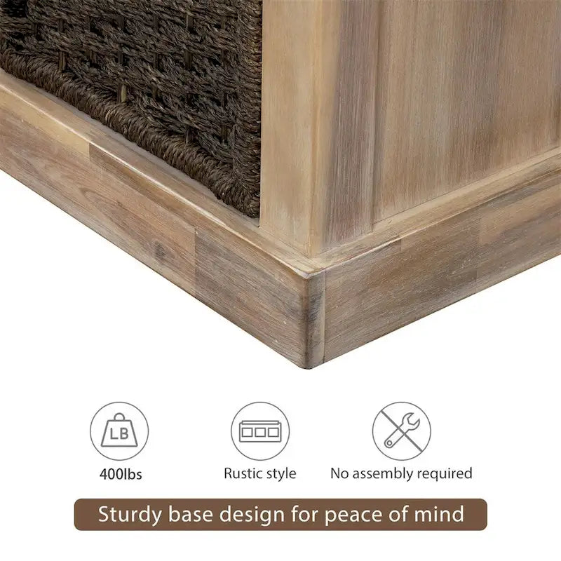 Rustic Entryway Storage Bench with 3 Removable Baskets & Cushioned Seat