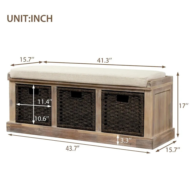 Rustic Entryway Storage Bench with 3 Removable Baskets & Cushioned Seat