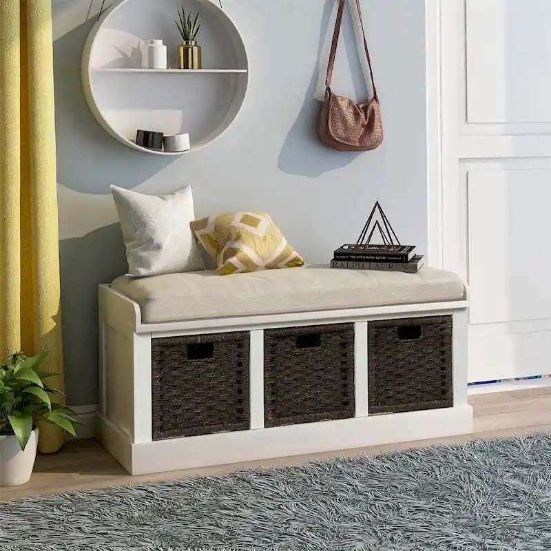 Rustic Entryway Storage Bench with 3 Removable Baskets & Cushioned Seat