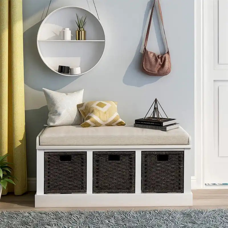 Rustic Entryway Storage Bench with 3 Removable Baskets & Cushioned Seat