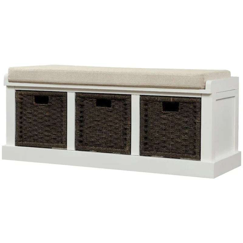 Rustic Entryway Storage Bench with 3 Removable Baskets & Cushioned Seat
