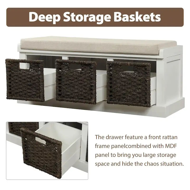 Rustic Entryway Storage Bench with 3 Removable Baskets & Cushioned Seat