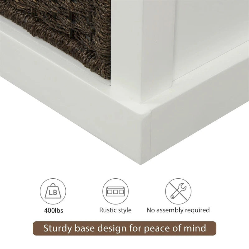 Rustic Entryway Storage Bench with 3 Removable Baskets & Cushioned Seat