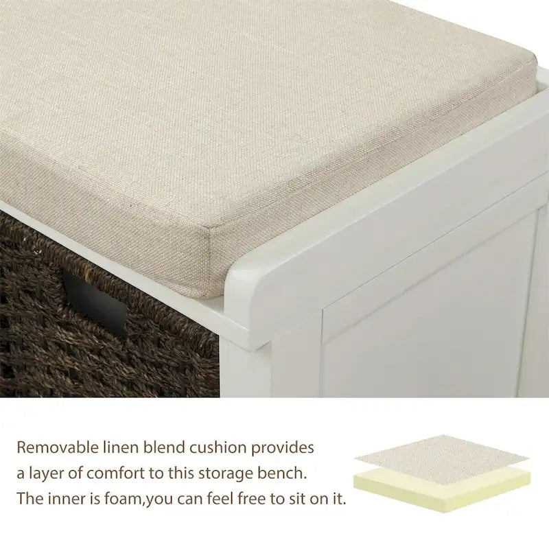 Rustic Entryway Storage Bench with 3 Removable Baskets & Cushioned Seat