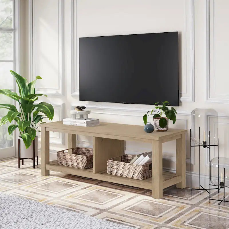 Solid Acacia Wood TV Bench with Media Storage