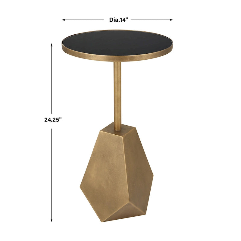 Geometrischer Beistelltisch aus Eisen mit schwarzer Glasplatte und antikem Bronze-Finish