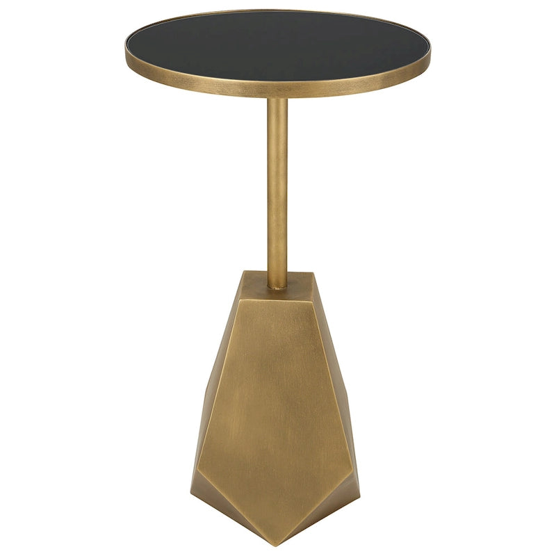 Geometric Iron Accent Table with Black Glass Top & Antique Bronze Finish