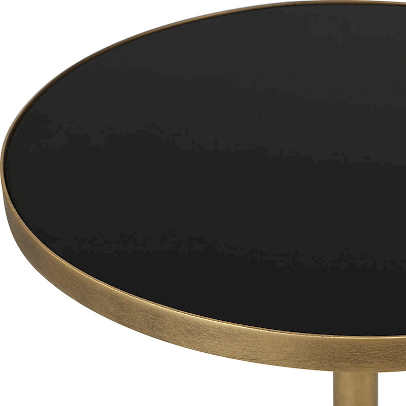 Geometric Iron Accent Table with Black Glass Top & Antique Bronze Finish