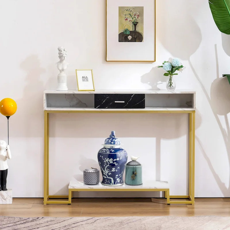 47" schmaler Konsolentisch mit Schublade und offenen Fächern, goldfarbenes Metallgestell