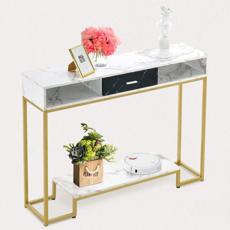 Mesa consola estrecha de 47" con cajón y estantes abiertos, estructura de metal dorado