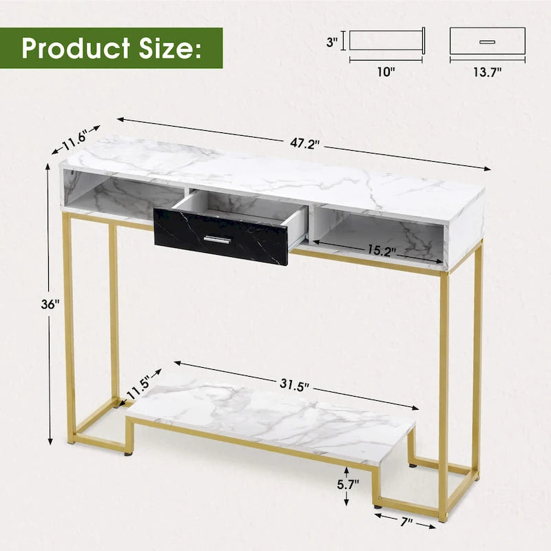 47" schmaler Konsolentisch mit Schublade und offenen Fächern, goldfarbenes Metallgestell
