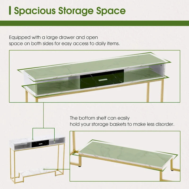 Mesa consola estrecha de 47" con cajón y estantes abiertos, estructura de metal dorado