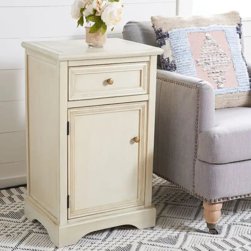 French Country Elm Wood End Table with Drawer & Cabinet Storage