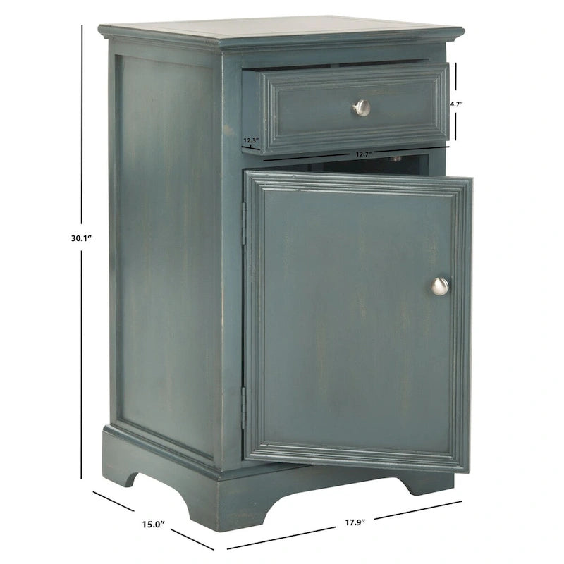 French Country Elm Wood End Table with Drawer & Cabinet Storage