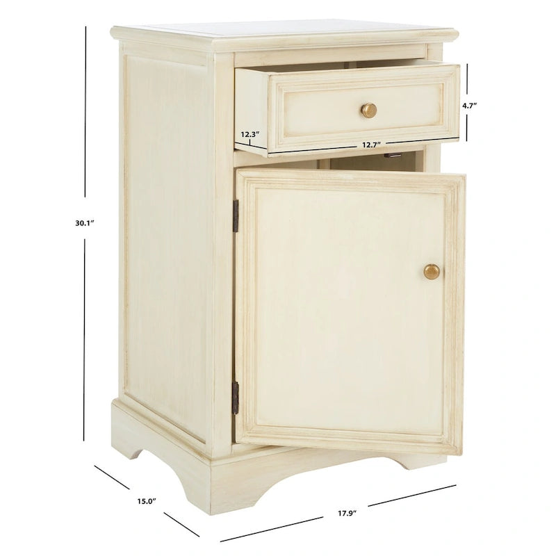 French Country Elm Wood End Table with Drawer & Cabinet Storage
