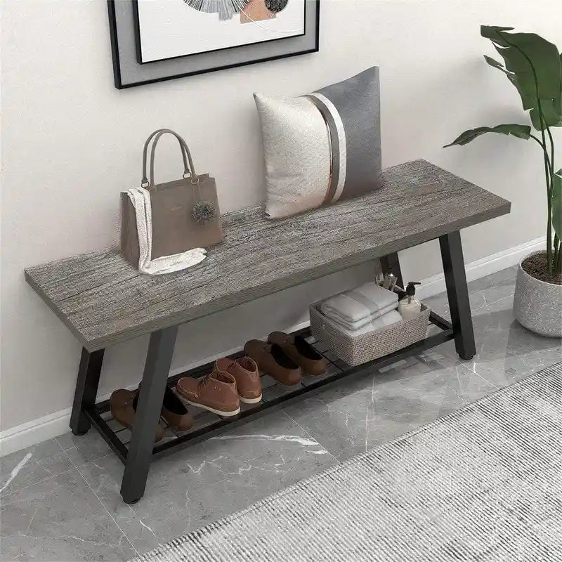 Panca contenitore per ingresso con struttura in metallo e ripiano effetto venatura del legno