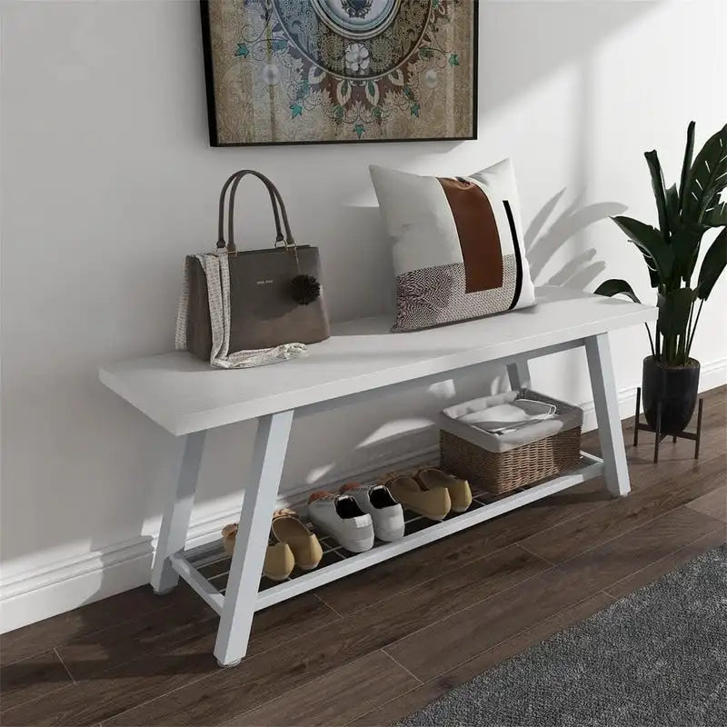 Entryway Storage Bench with Metal Frame & Wood Grain Shelf