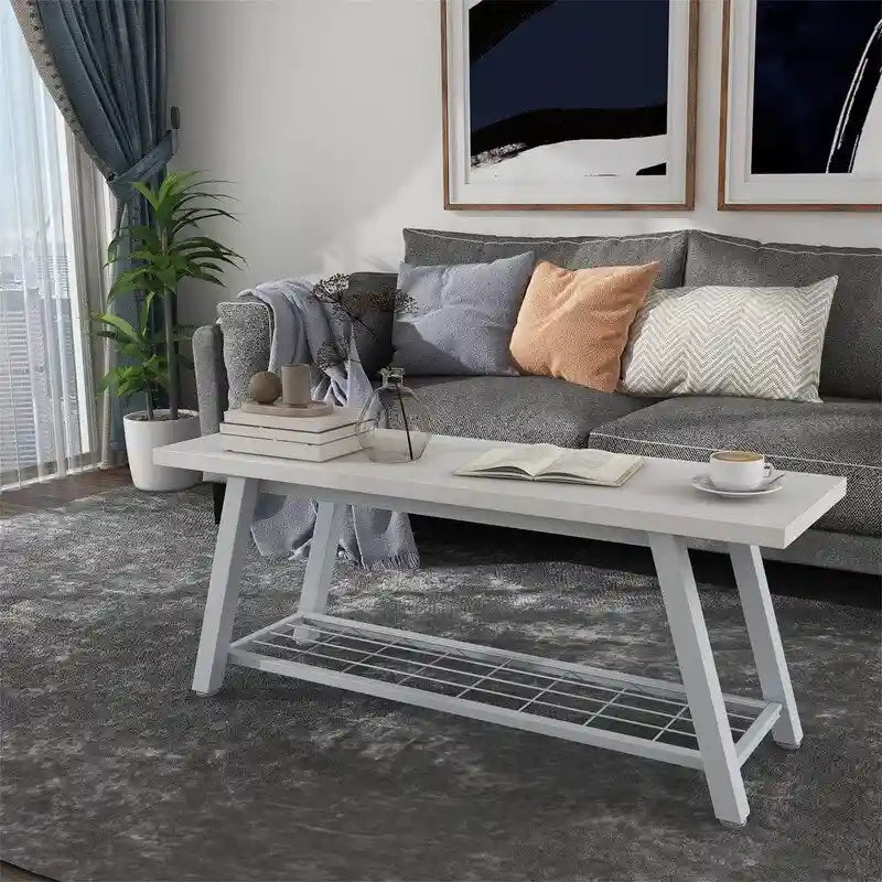 Panca contenitore per ingresso con struttura in metallo e ripiano effetto venatura del legno