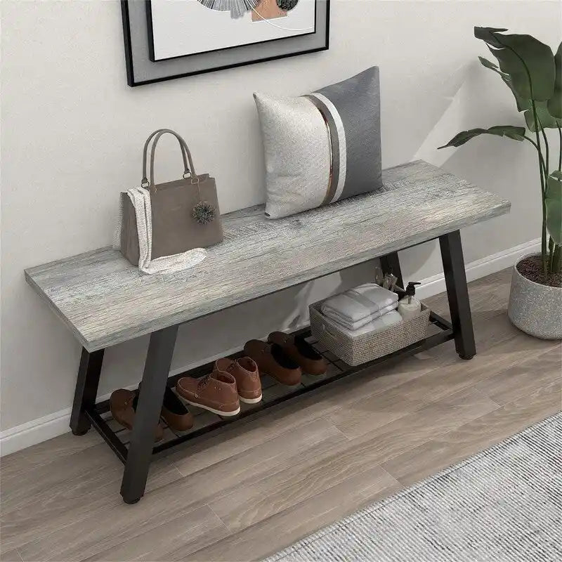 Panca contenitore per ingresso con struttura in metallo e ripiano effetto venatura del legno