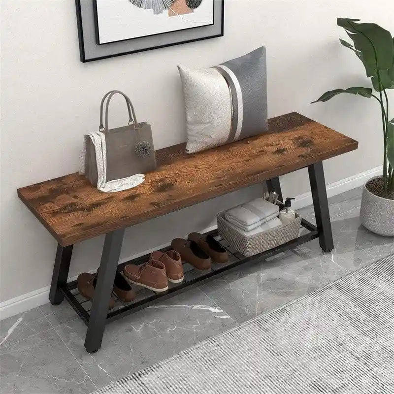 Panca contenitore per ingresso con struttura in metallo e ripiano effetto venatura del legno