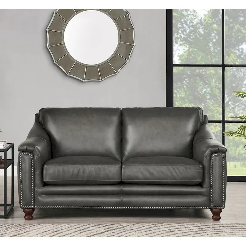 Top-Grain Leather Loveseat with Feather Down Cushions, Bronze Nailhead Trim & Button Tufting