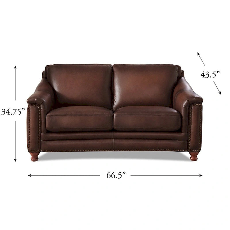 Top-Grain Leather Loveseat with Feather Down Cushions, Bronze Nailhead Trim & Button Tufting