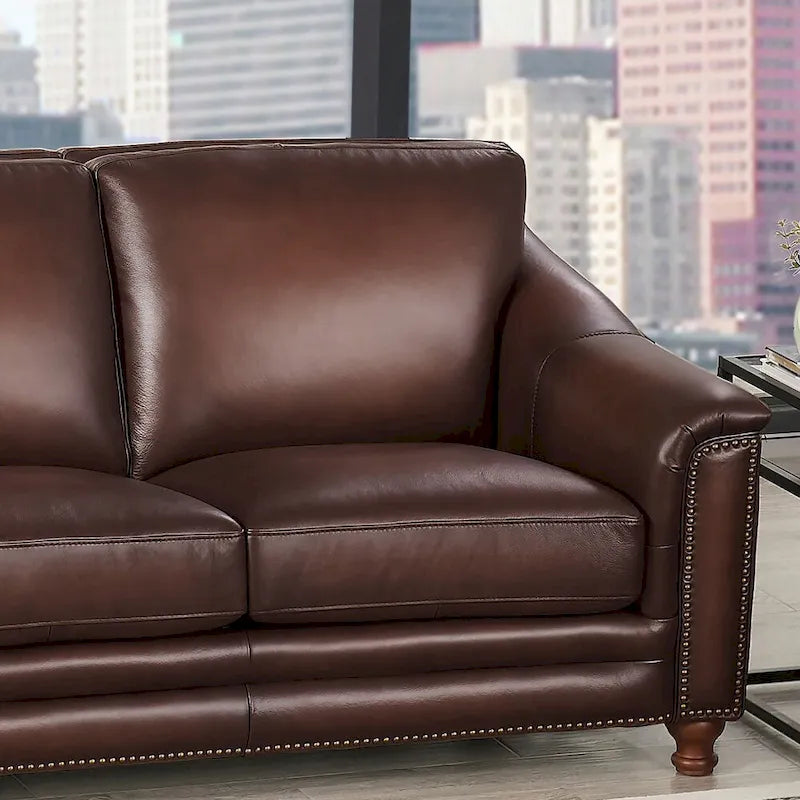 Loveseat aus Top-Grain-Leder mit Feder-Daunen-Kissen, bronzefarbenen Ziernägeln und Knopfsteppung