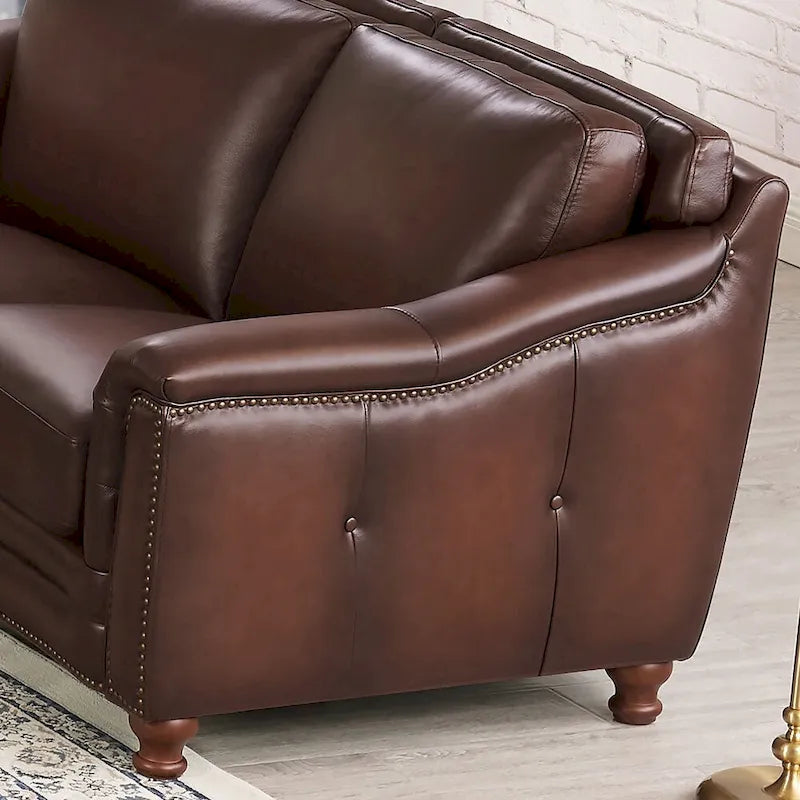 Loveseat aus Top-Grain-Leder mit Feder-Daunen-Kissen, bronzefarbenen Ziernägeln und Knopfsteppung