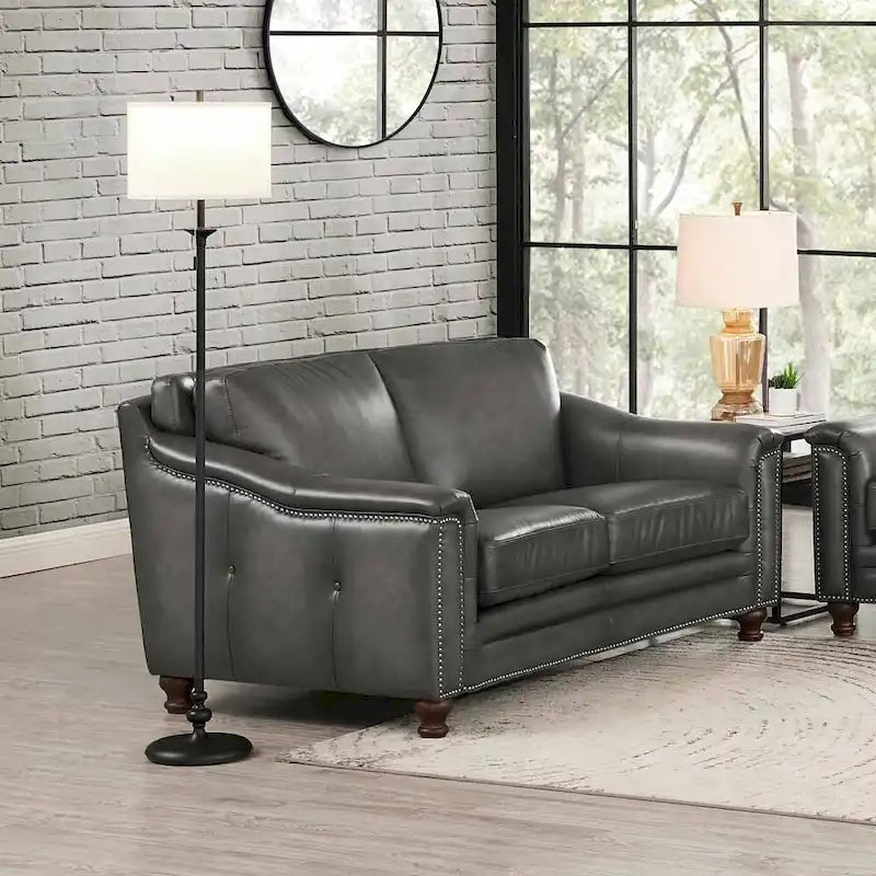 Top-Grain Leather Loveseat with Feather Down Cushions, Bronze Nailhead Trim & Button Tufting
