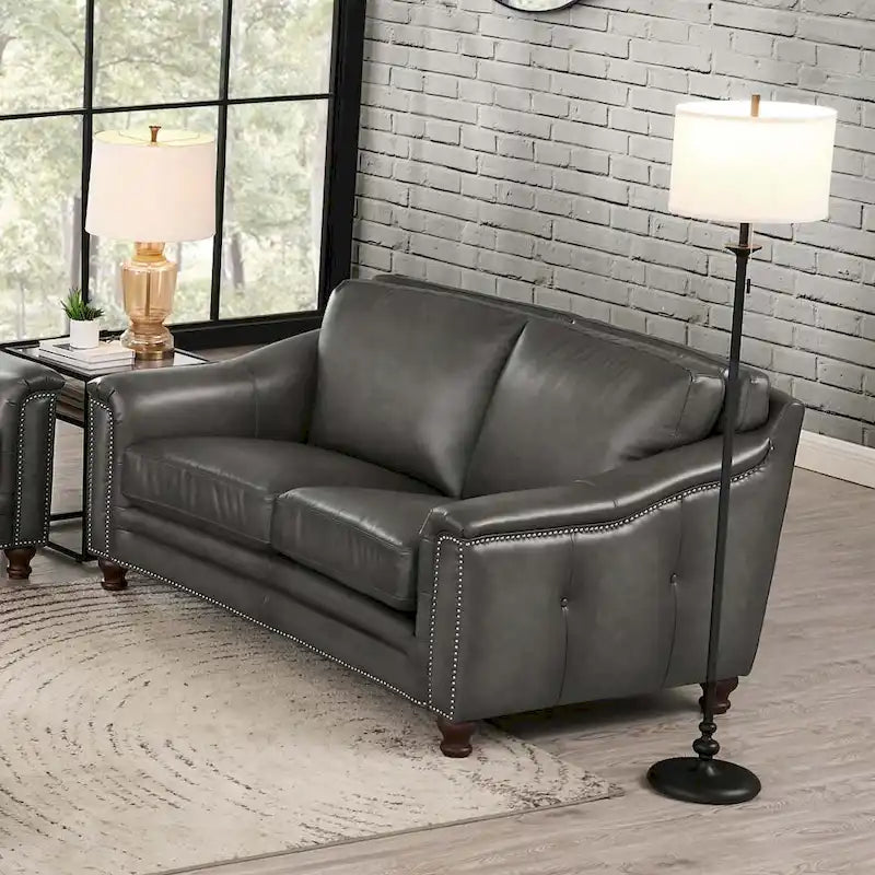 Top-Grain Leather Loveseat with Feather Down Cushions, Bronze Nailhead Trim & Button Tufting