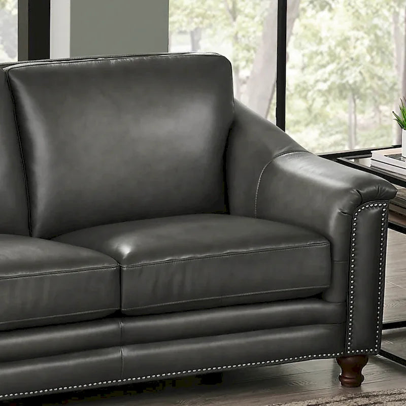 Top-Grain Leather Loveseat with Feather Down Cushions, Bronze Nailhead Trim & Button Tufting