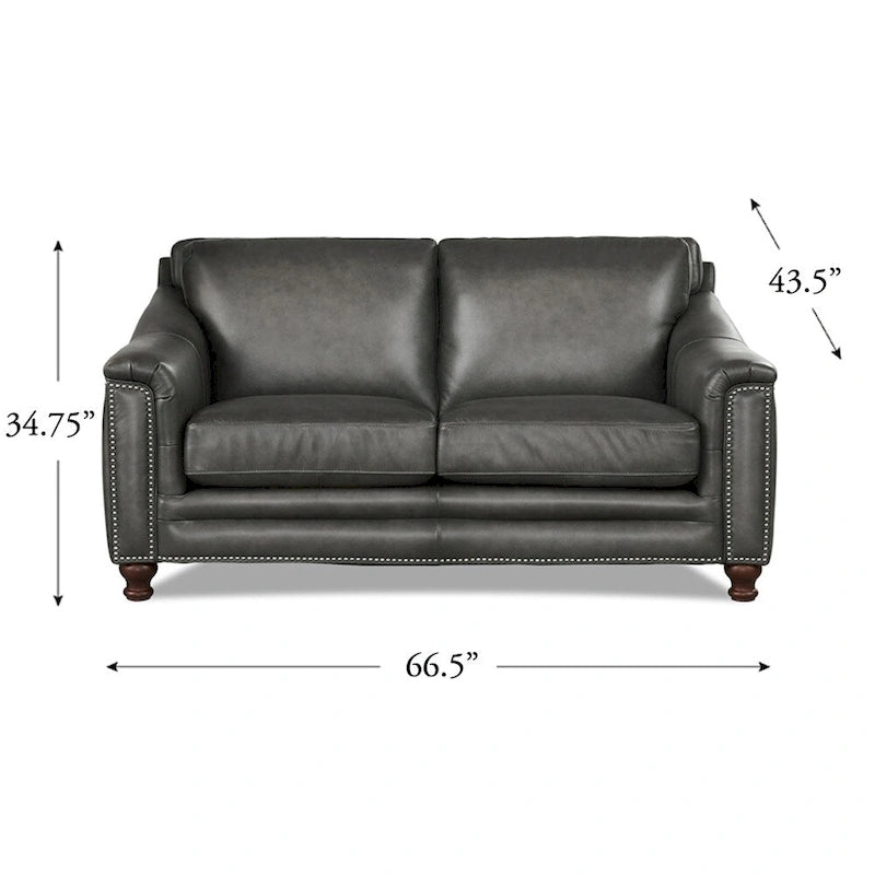 Top-Grain Leather Loveseat with Feather Down Cushions, Bronze Nailhead Trim & Button Tufting