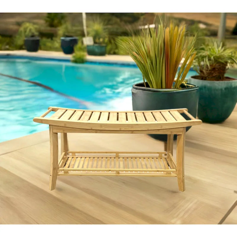 Panca da bagno in bambù massiccio da 39" in stile spa con ripiano contenitore e maniglie laterali