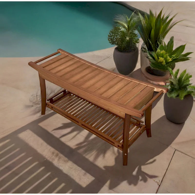 Panca da bagno in bambù massiccio da 39" in stile spa con ripiano contenitore e maniglie laterali