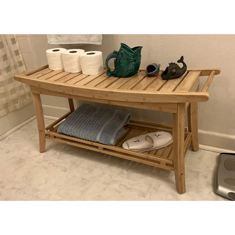 Panca da bagno in bambù massiccio da 39" in stile spa con ripiano contenitore e maniglie laterali