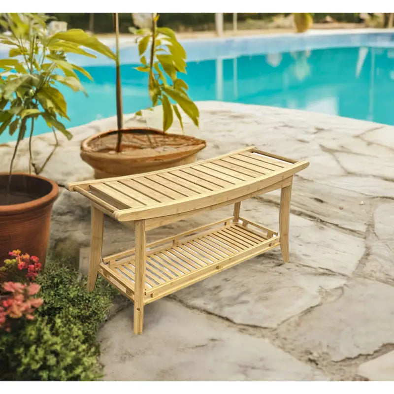 Panca da bagno in bambù massiccio da 39" in stile spa con ripiano contenitore e maniglie laterali