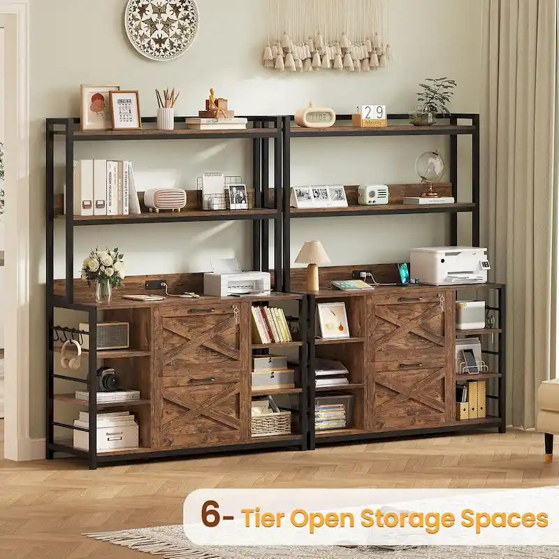 6-Tier Vertical Filing Cabinet with Lock, Charging Station & Open Shelves