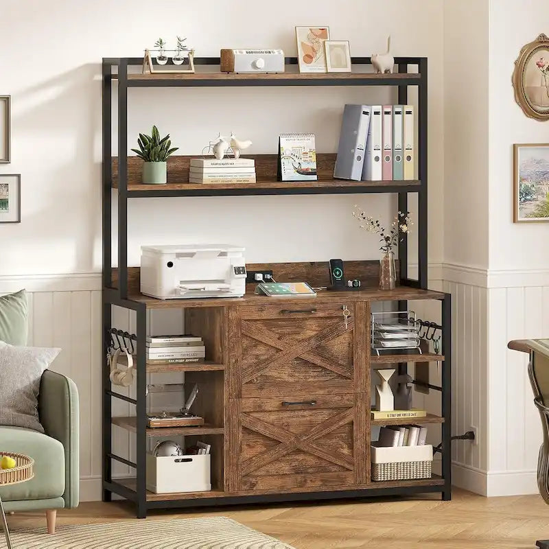 6-Tier Vertical Filing Cabinet with Lock, Charging Station & Open Shelves