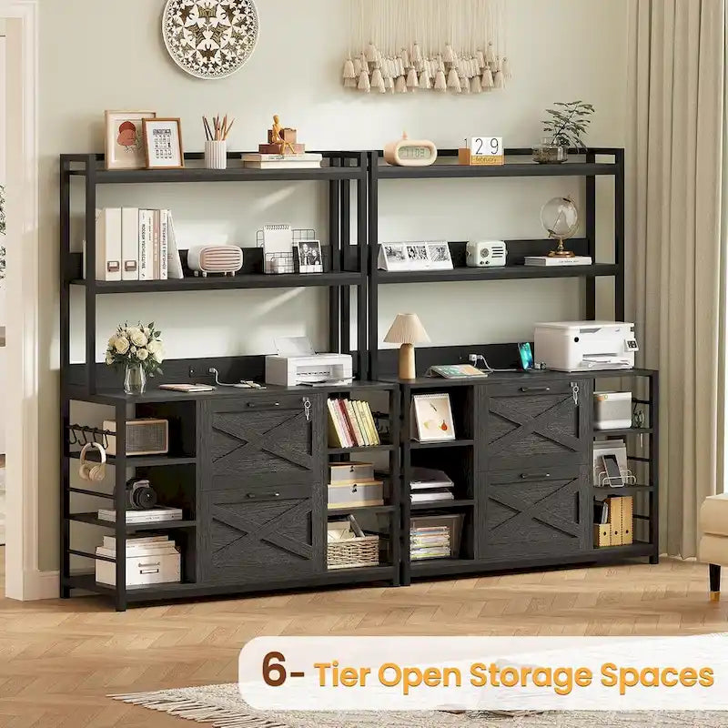 6-Tier Vertical Filing Cabinet with Lock, Charging Station & Open Shelves