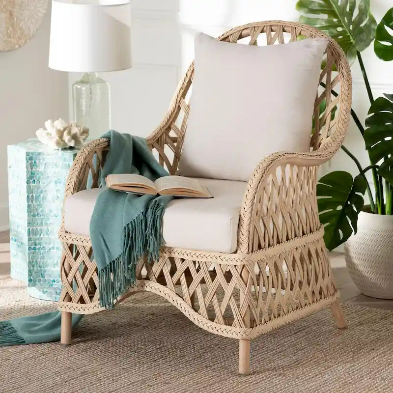 Bohemian Braided Rattan Accent Armchair with Removable Cushion
