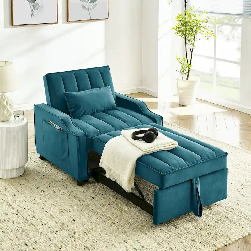Fauteuil convertible 3-en-1 en velours avec fonction extractible, canapé-lit et chaise longue, avec coussins