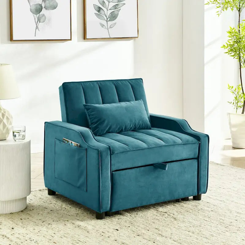 Fauteuil convertible 3-en-1 en velours avec fonction extractible, canapé-lit et chaise longue, avec coussins
