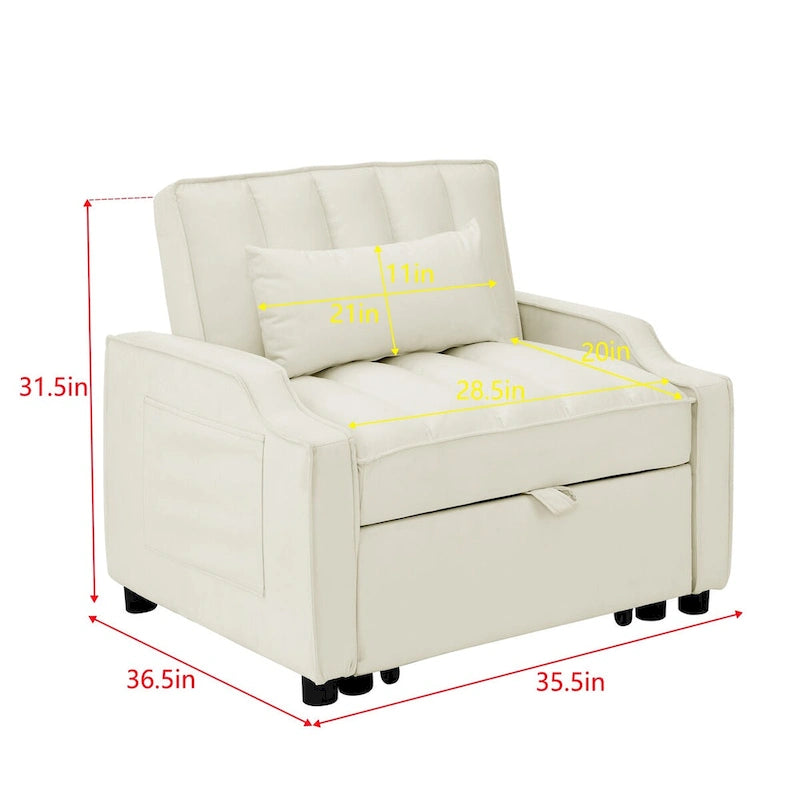 Fauteuil convertible 3-en-1 en velours avec fonction extractible, canapé-lit et chaise longue, avec coussins