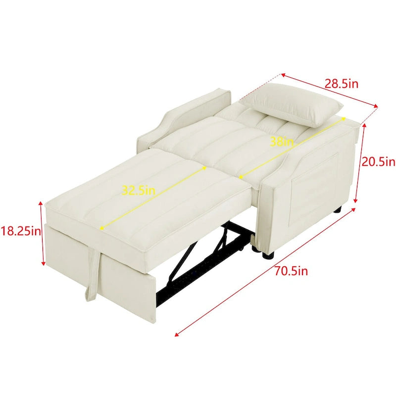Fauteuil convertible 3-en-1 en velours avec fonction extractible, canapé-lit et chaise longue, avec coussins
