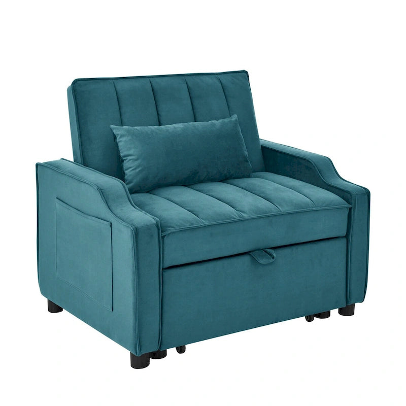 Fauteuil convertible 3-en-1 en velours avec fonction extractible, canapé-lit et chaise longue, avec coussins