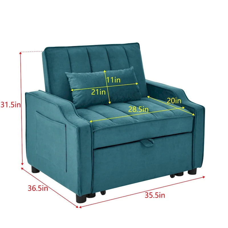 Fauteuil convertible 3-en-1 en velours avec fonction extractible, canapé-lit et chaise longue, avec coussins