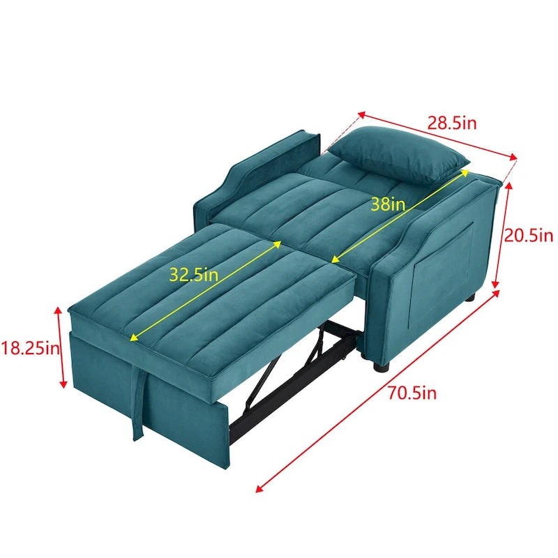 Fauteuil convertible 3-en-1 en velours avec fonction extractible, canapé-lit et chaise longue, avec coussins