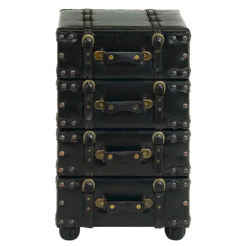 Faux Leather Vintage 4-Drawer Storage Chest with Buckle Straps & Gold Stud Details