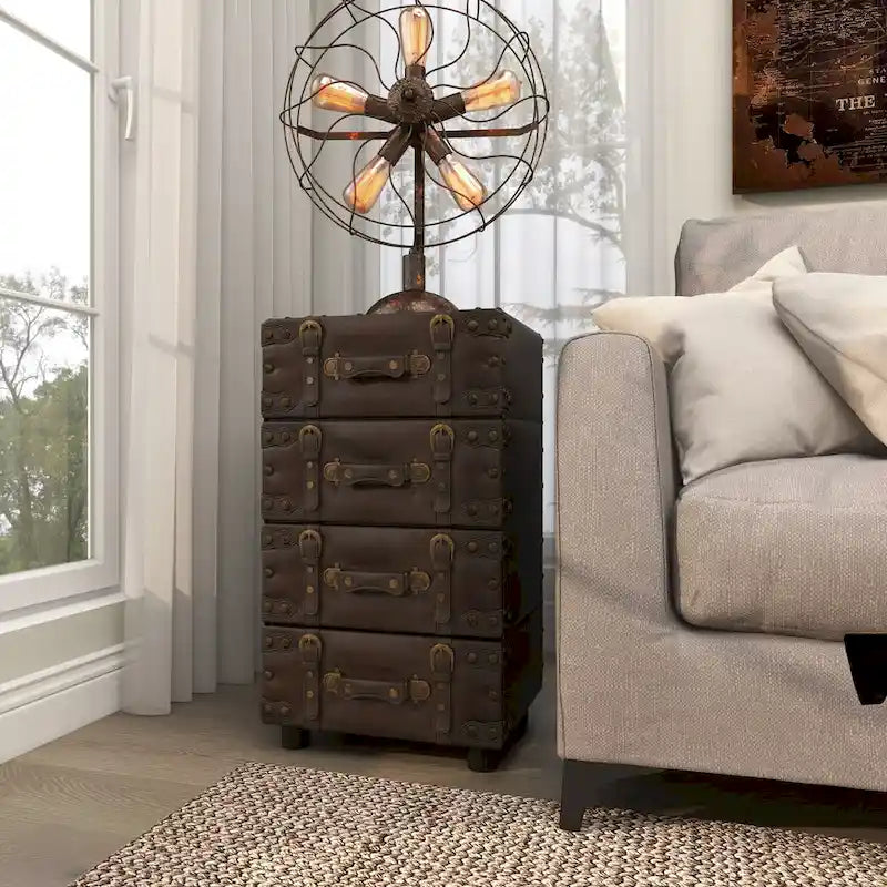 Faux Leather Vintage 4-Drawer Storage Chest with Buckle Straps & Gold Stud Details